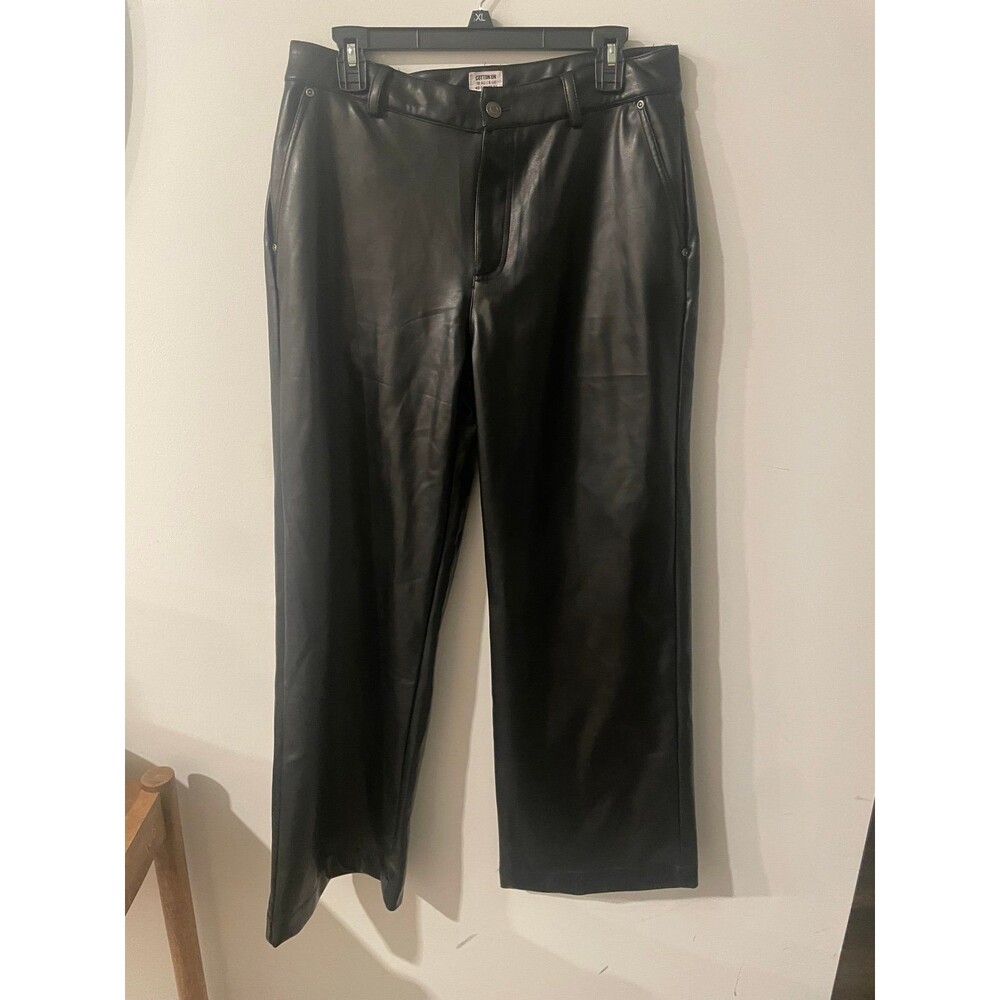 Cotton On Women's Faux Leather Pants Black Solid Button Closure Pockets Size 12